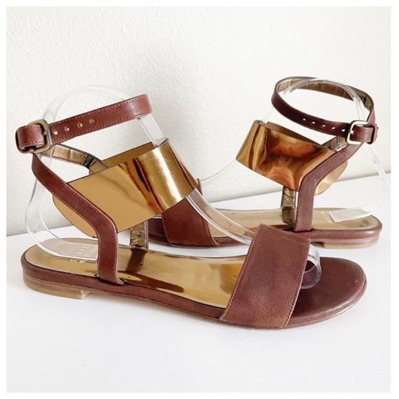 Stuart Weitzman Shoes - Stuart Weitzman Sandal Cuff Leather Brown Gold Metallic Size 7.5